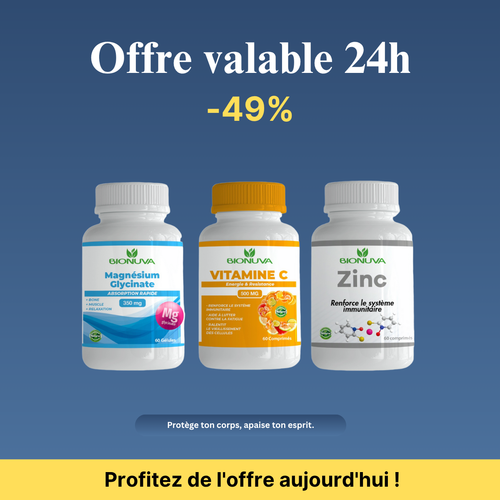 PACK BIONUVA  MAGNÉSIUM GLYCINATE 60 GÉLULES + ZINC 60 COMPRIMÉS+ VITAMINE C 60 COMPRIMÉS