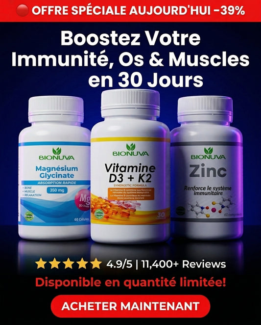 PACK BIONUVA ÉNERGIE & IMMUNITÉ – MAGNÉSIUM GLYCINATE 60 GÉLULES + ZINC 60 COMPRIMÉS + VITAMINE D3 + K2 30 CAPSULES