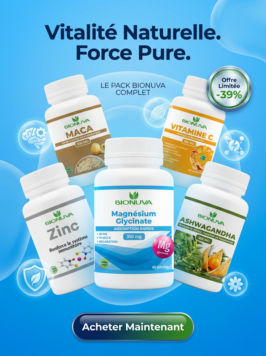 PACK BIONUVA VITAMINE C 60 COMPRIMÉS + MAGNÉSIUM GLYCINATE 60 GÉLULES + ZINC 60 COMPRIMÉS + MACA 60 GÉLULES + ASHWAGANDHA 60 GÉLULES