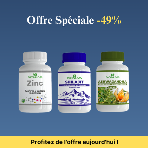 PACK BIONUVA ASHWAGANDHA 60 GÉLULES + SHILAJIT 60 GÉLULES + ZINC 60 COMPRIMÉS