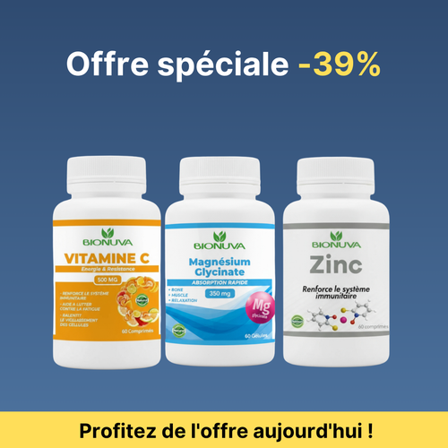 PACK BIONUVA VITAMINE C 60 COMPRIMÉS + MAGNÉSIUM GLYCINATE 60 GÉLULES + ZINC 60 COMPRIMÉS