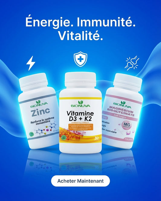 PACK BIONUVA  MAGNÉSIUM BISGLYCINATE 60 GÉLULES+ ZINC 60 COMPRIMÉS + VITAMINE D3 +K2 30CAPSULES