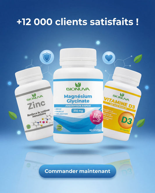 PACK BIONUVA  MAGNÉSIUM GLYCINATE 60 GÉLULES+ ZINC 60 COMPRIMÉS + VITAMINE D3 60CAPSULES
